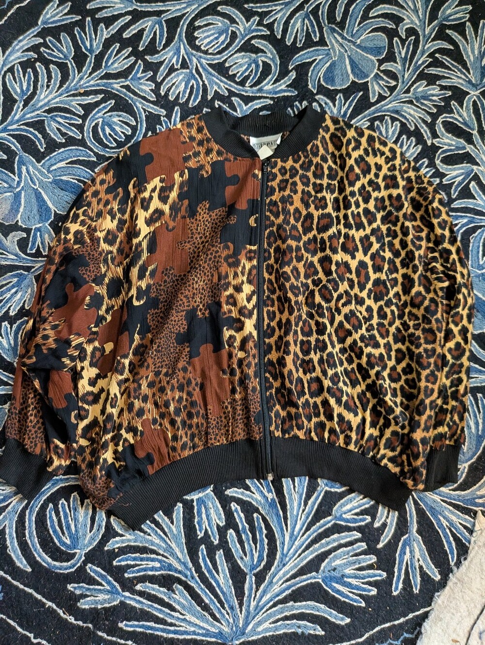 VINTAGE PETER POPOVITCH Cheetah Puzzle Print Zip Up Jacket W/ Shoulder Pads 2xl